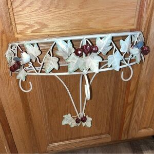 White Metal Wall Shelf with Green Leaves and Maroon Cherry Accents